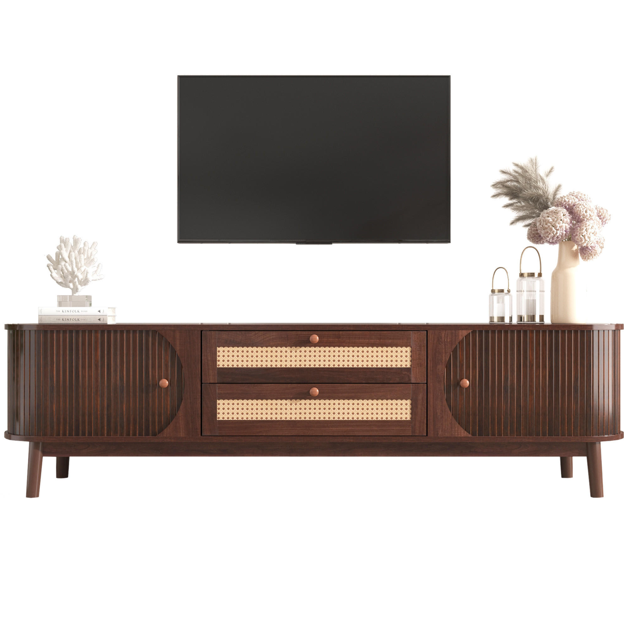 Modfu TV stolek z MDF 170x46x39,5 cm přírodní se zásuvkami, posuvnými dvířky a ratanovým výpletem