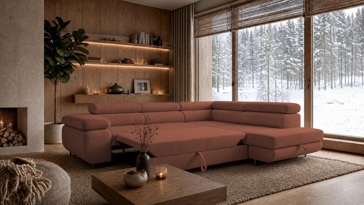 ECKSOFA Velmo mit Bettkasten und Schlaffunktion, verstellbaren Kopfstützen, in L-Form - Hellrosa, Textil (275/203cm)