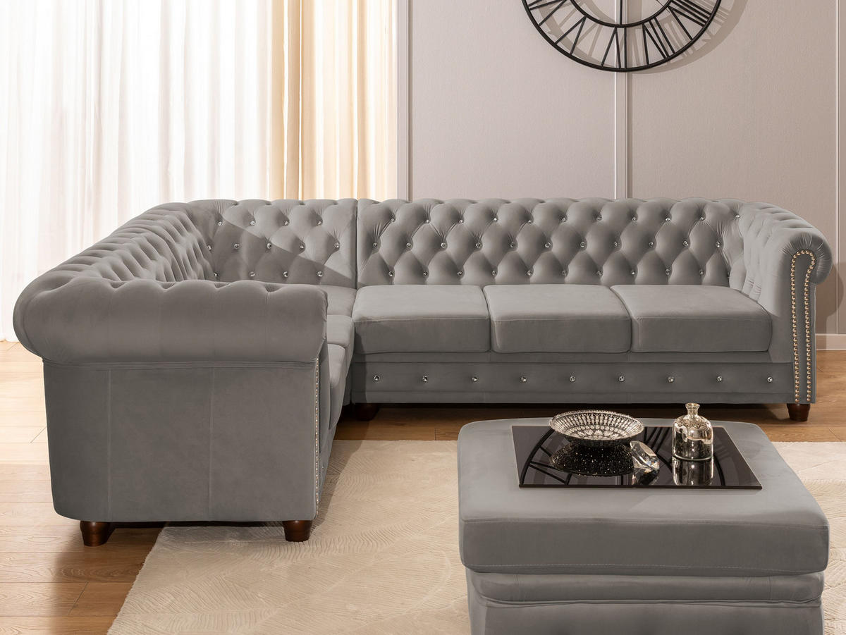 ECKSOFA mit Schlaffunktion Chesterfield Marineblau Samt mit Kristallsteppung und braunen Massivholzfüßen - Ottomane Links - Blau/Braun, Holz/Textil (264/210cm) - S-Style Möbel