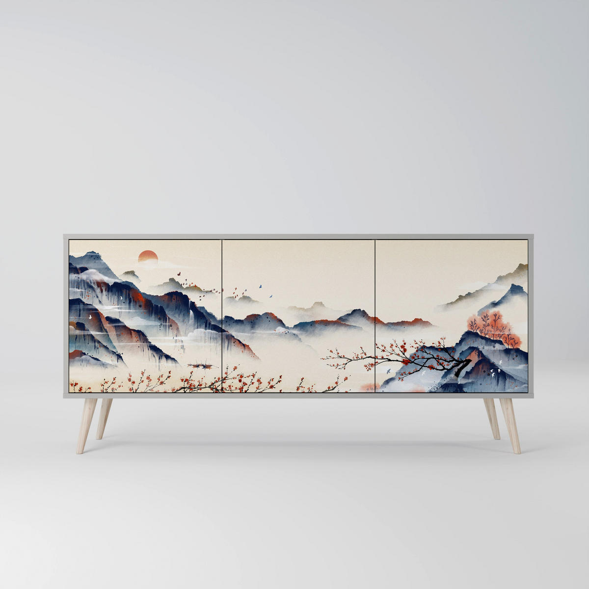 SIDEBOARD JAPANESE LANDSCAPE, Eicheneffekt, 164,5x42x77,5 cm, 3 Türen - Eichefarben/Buchefarben, Holzwerkstoff/Buchenholz (164.5/77.5/42cm) - SpaceRebels