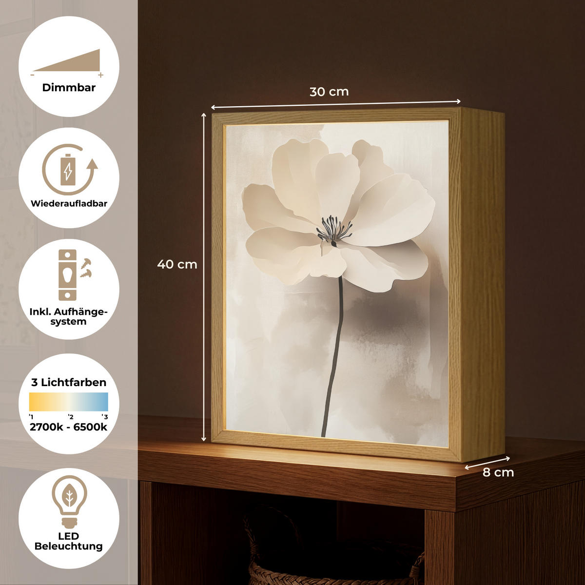 NÁSTĚNNÁ LAMPA S AKUMULÁTOREM Květina - béžová - barva - stín 30x40 cm - béžová, kompozitní dřevo (30/40/8cm) - OnlyWow