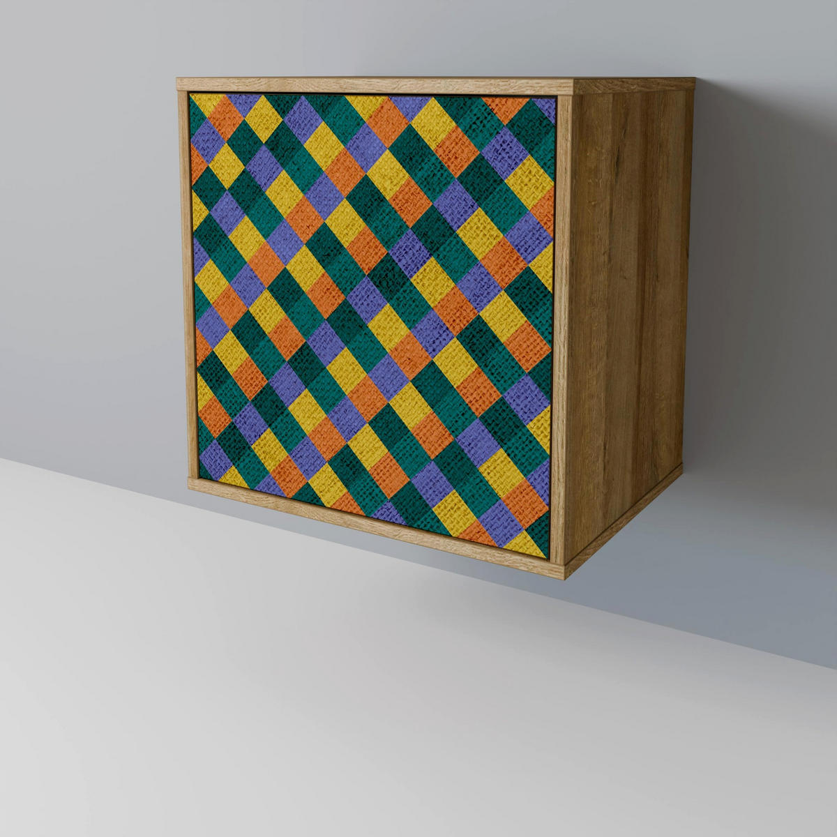 SIDEBOARD PAINTED SQUARES MIX, Eichefarben, 57,5x42x72,5 cm, Schwarze Metallfüße - Eichefarben/Multicolor, Holzwerkstoff/Metall (57.5/72.5/42cm) - SpaceRebels
