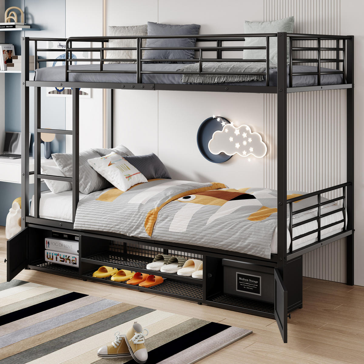ETAGENBETT aus Metall 90x200 cm Schwarz mit Schuhablage, 2 Schränken, Leiter und Fallschutz - Schwarz, Metall (90/200cm) - IVMEU