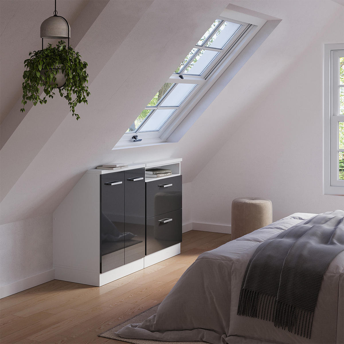 KUCHYŇSKÁ SKŘÍŇKA POD ŠIKMOU STŘECHU R-Line Antracitový vysoký lesk/bílá - bílá/antracitová, kompozitní dřevo (120/81.6/46cm) - Vicco