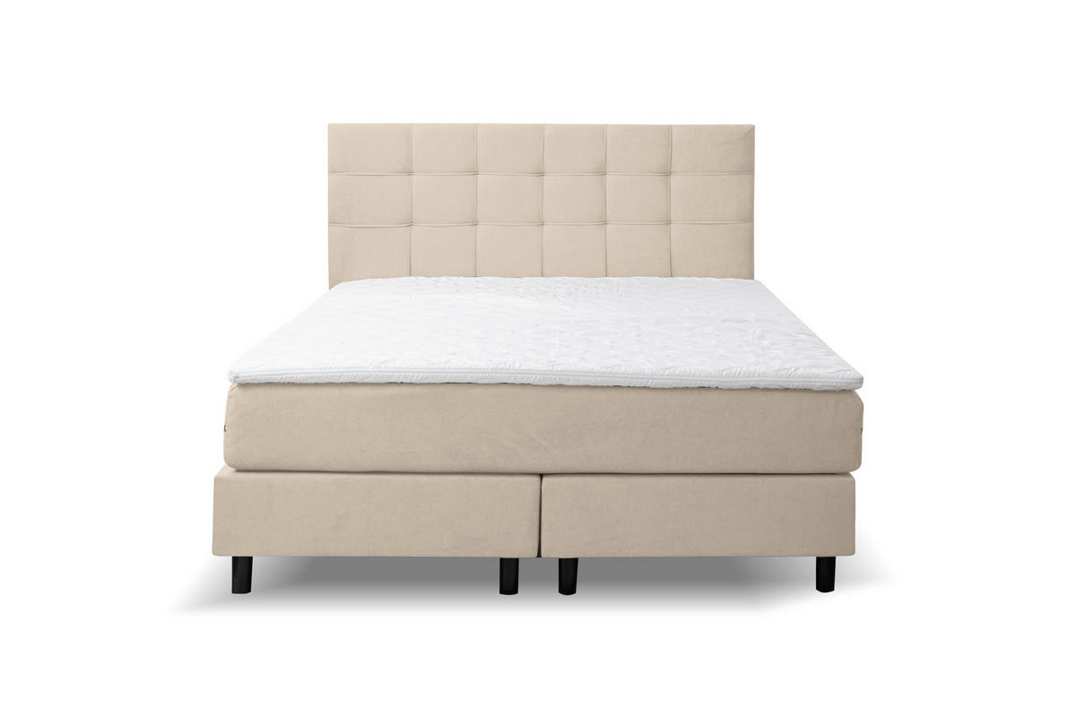 BOXSPRINGBETT BOSS, Polsterbett Maße: 140x200 cm, Farbe: Beige, Velourstoff, Doppelbett mit Bonell-Matratze H3 inkl. Topper - Beige, Holz/Kunststoff (140/200cm) - VENASI MÖBEL