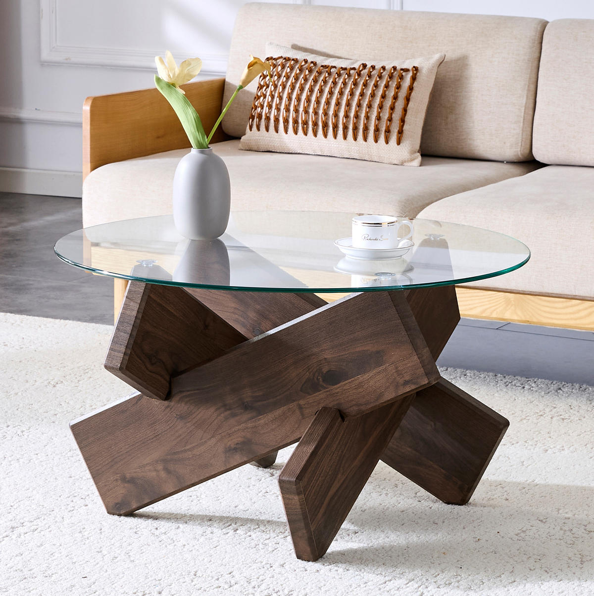 COUCHTISCH, MDF mit Walnussdekor & 0,8 cm gehärtete Glastischplatte, kreuzförmige Stütze, 79/79/45 cm,Walnussfarben - Walnussfarben, Holzwerkstoff (79/79/45cm) - Redom