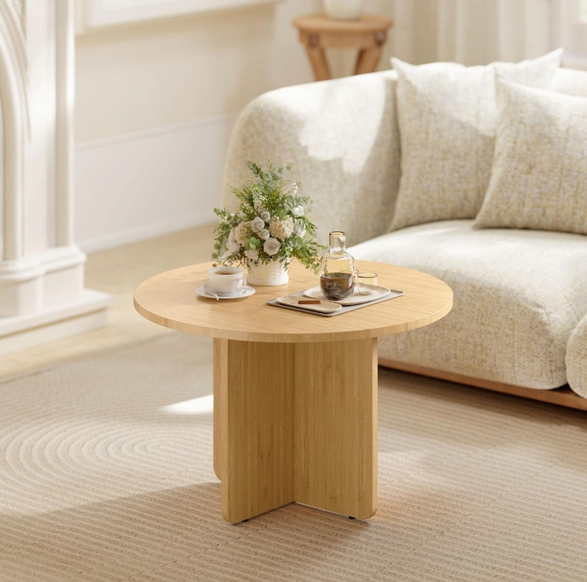COUCHTISCH 66 cm aus Bambus mit Kreuzgestell - Naturfarben, Naturmaterialen (66/66/45cm) - BEAOK