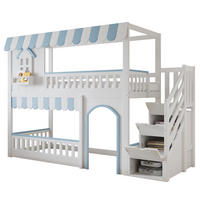 ETAGENBETT 90/200 cm mit Treppenregal, Schutzgittern und Stauraum, Kiefer/MDF, Weiß/Blau - Weiß, Holz (90/200cm) - Redom