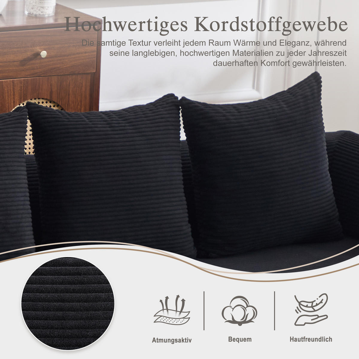 ECKSOFA Cord Schwarz mit Seitentasche und 3 Kissen - Schwarz, Textil/Metall (218/285cm) - WISHDOR