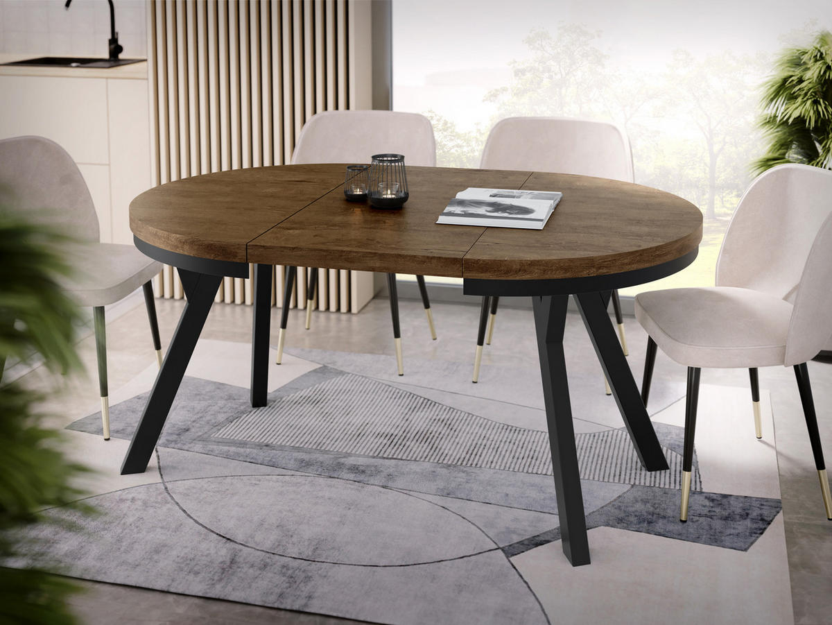 ESSTISCH Lume runder ausziehbarer, Lefkas Eiche 100-150/100/76 cm - Alteiche/Schwarz, Holz/Holzwerkstoff (100/100/76cm) - WFL GROUP