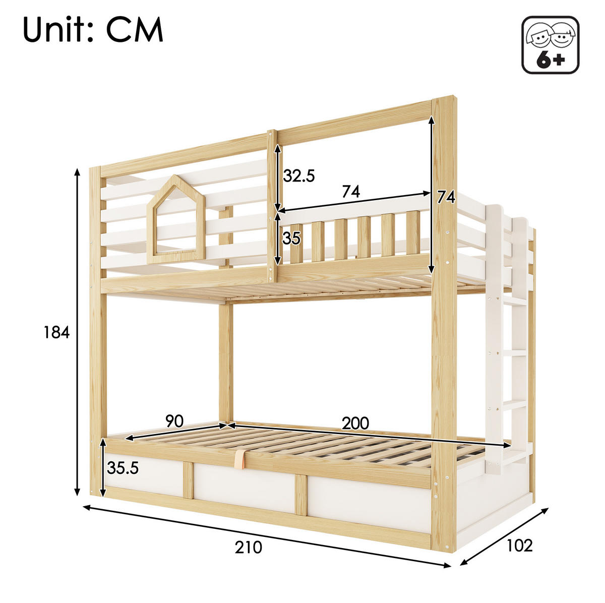 ETAGENBETT 90/200 cm weiß/eichefarben aus Holz mit Stauraum - Eichefarben, Holzwerkstoff (90/200cm) - OKWISH