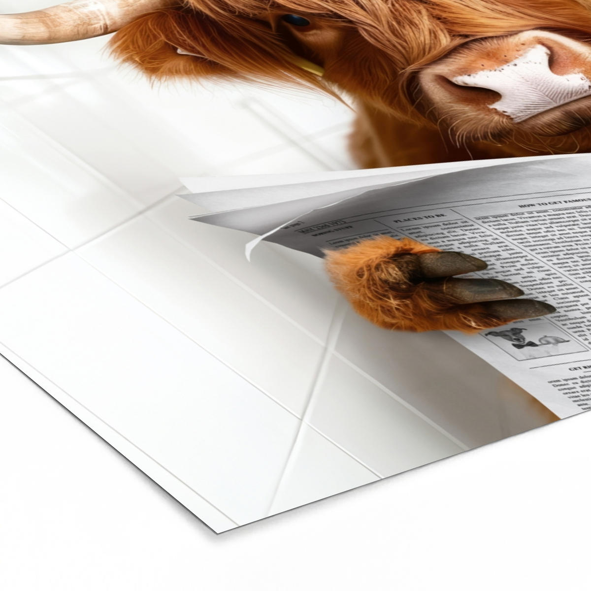 POSTER MIT RAHMEN Schottischer Highlander - Tier - Zeitung - Toilette 120x80 cm - Kastanienfarben, Papier (120/80cm) - MuchoWow