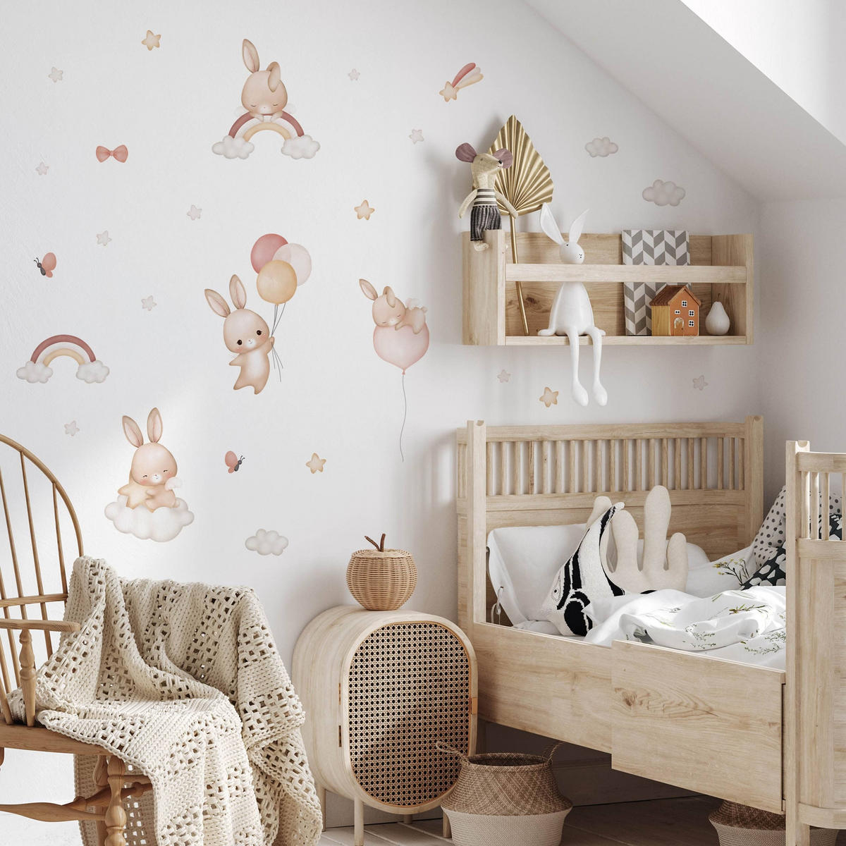 WANDAUFKLEBER SET Kaninchen Sternen Wolken Regenbogen 120x60 - Beige/Rot, Papier (120/60/1cm) - Muralo