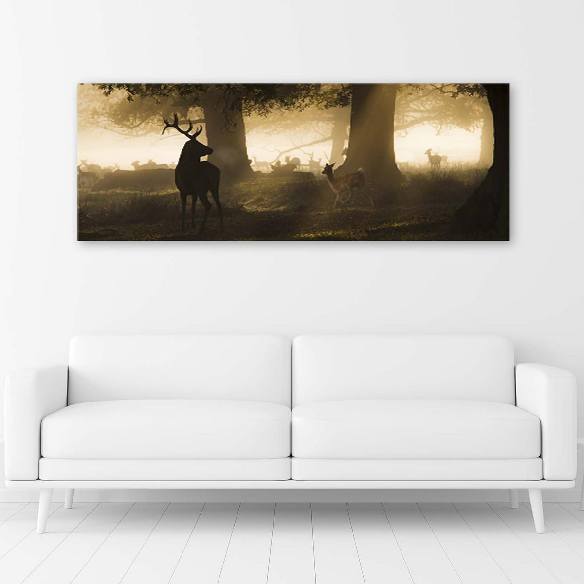 BILD AUF LEINWAND Hirsche im Nebel - Grau, Textil (120/40cm) - Feeby