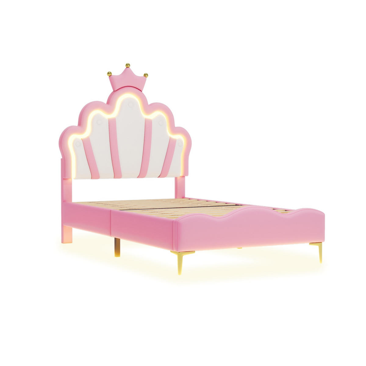 KINDER-POLSTERBETT 90x200 cm Princess Dream mit Kronen-Kopfteil und intelligenter RGB-LED, Kunstleder Pink & Weiß - Pink, Textil (90/200cm) - DELFA