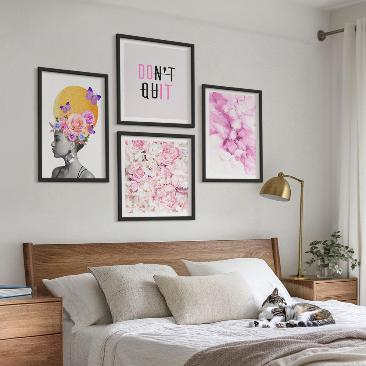 BILDER SET 4er Set - 50x50 cm & 40x60 cm Schwarzer Rahmen - Abstraktes Blumenporträt einer Frau - Schwarz, Kunststoff (50/50cm) - TULUP