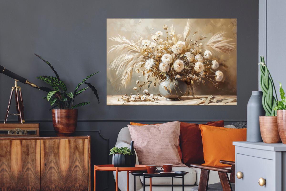 WANDTATTOO Blumen - Vase - Stilleben - Beige 120x80 cm - Creme, Kunststoff (120/80/0.1cm) - MuchoWow