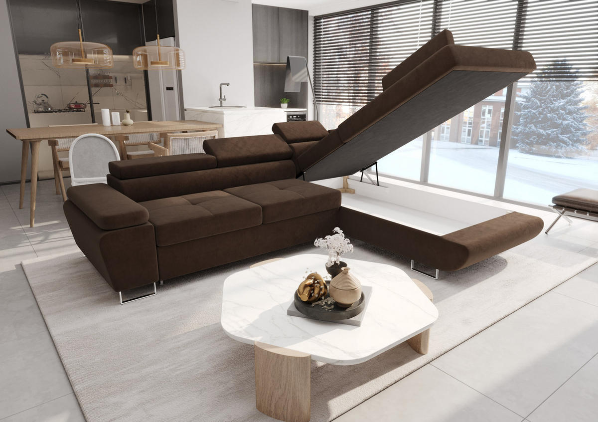 ECKSOFA KONGO RBN04, Eckcouch in L-Form mit Schlaffunktion, Farbe: Schwarz, Kunstleder, Ottomane Rechts - Schwarz, Textil (272/200cm) - O-Sofa