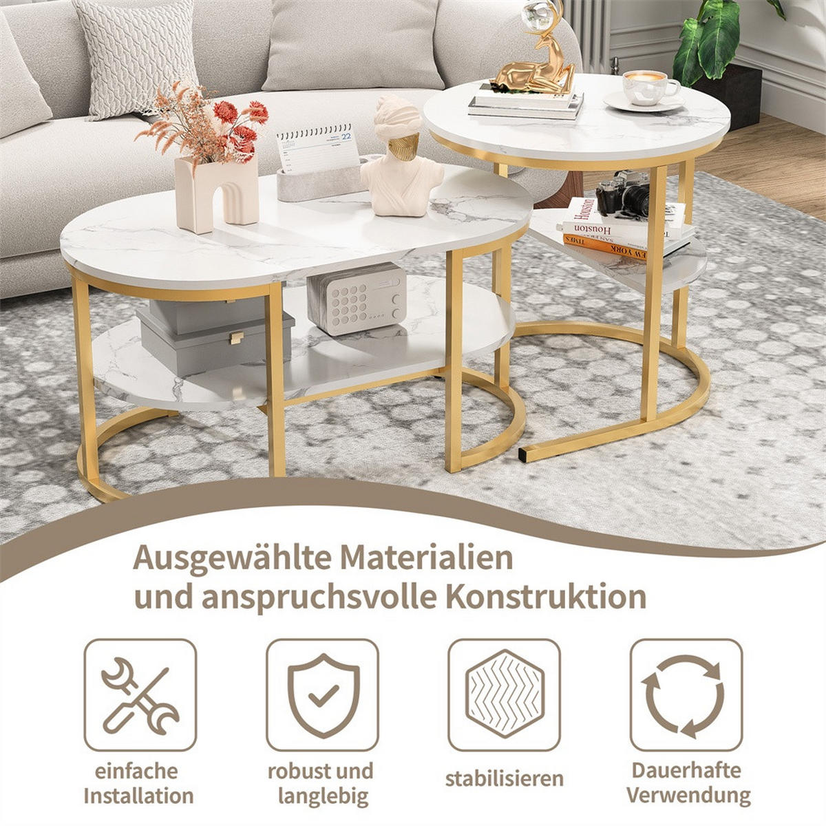 COUCHTISCH 2er-Set - Ovaler und Runder Couchtisch in Marmoroptik mit Ablage - Weiß und Gold - Goldfarben, Holzwerkstoff (46/80/41cm) - DELFA