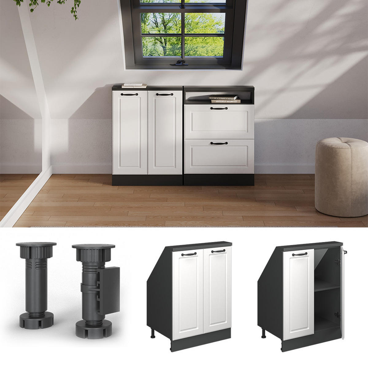 KUCHYŇSKÁ SKŘÍŇKA POD ŠIKMOU STŘECHU R-Line Bílý venkovský dům/antracit - bílá/antracitová, kompozitní dřevo (60/81.6/46cm) - Vicco