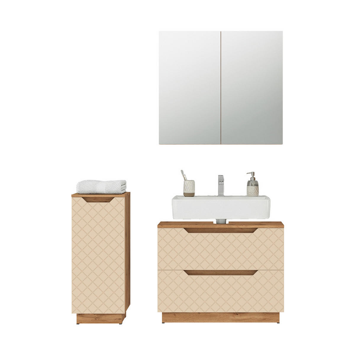 BADMÖBEL-SET Lotta Eiche/Kaschmir mit Kachelstruktur 3 Teile - Kaschmir, Holzwerkstoff (79.6/62.5/32cm) - Vicco