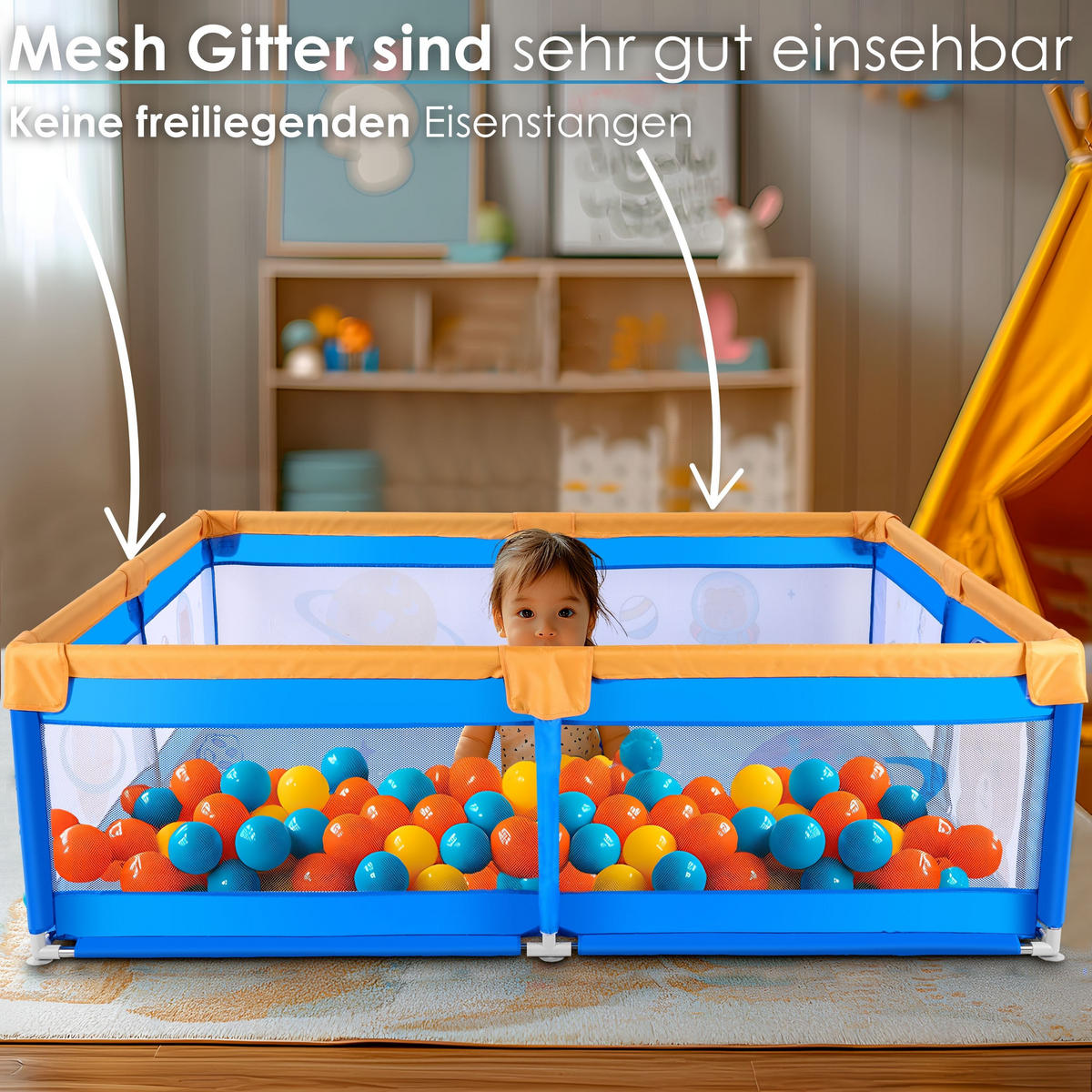 LAUFGITTER BABY 180x200x100 cm - Blau, Kunststoff (180/68/200cm) - Ecosa