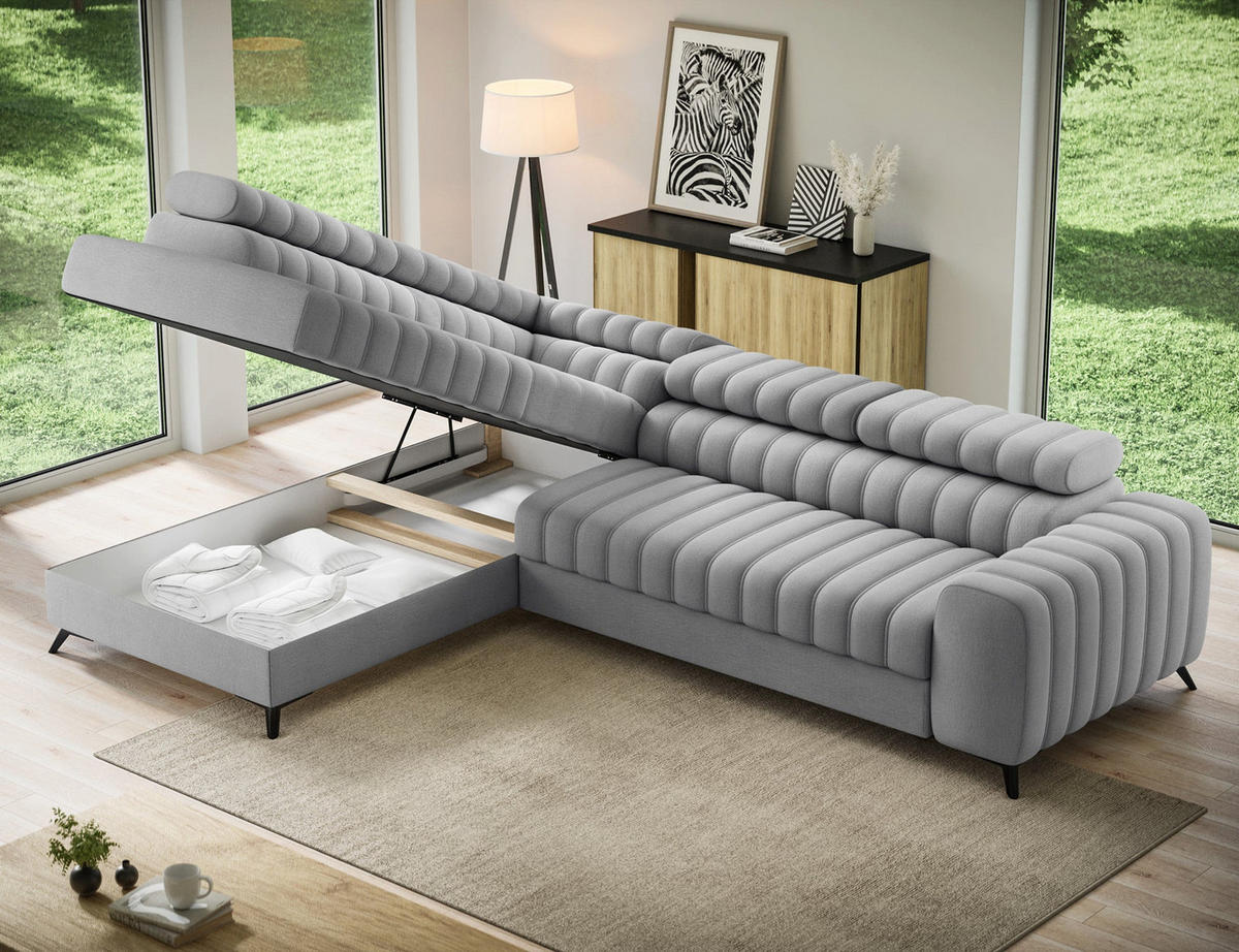 KANEDO Ecksofa mit Schlaffunktion und Bettkasten – Modernes Designsofa, verstellbare Kopfstützen, Metallfüße - Grau, Kunststoff (269/86cm) - Wohnideebilder