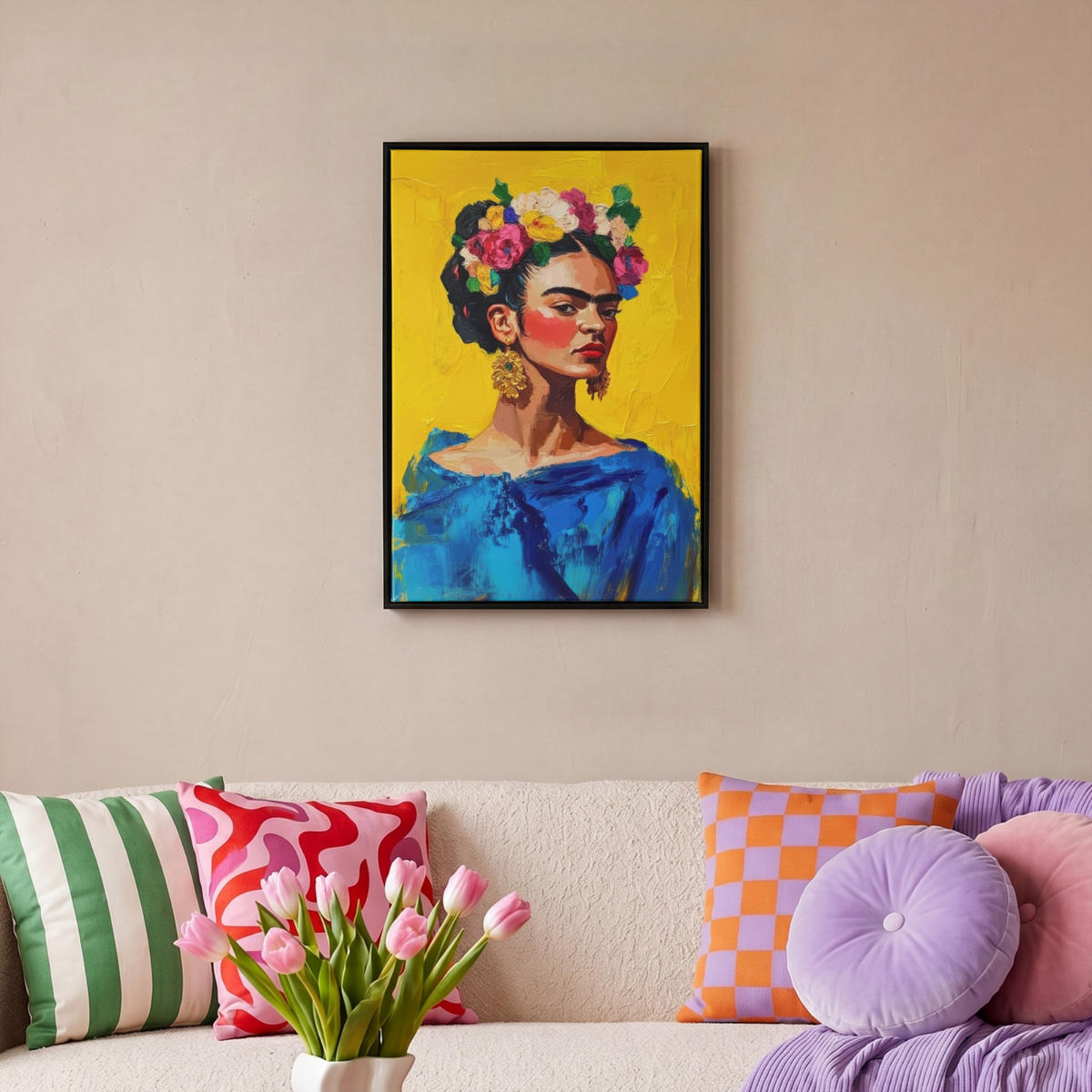 LEINWAND Bilder mit Rahmen - Frida Kahlo - Frau - Gelb - Blau - Blumen - 40x60 - Gelb, Textil (40/60cm) - MuchoWow