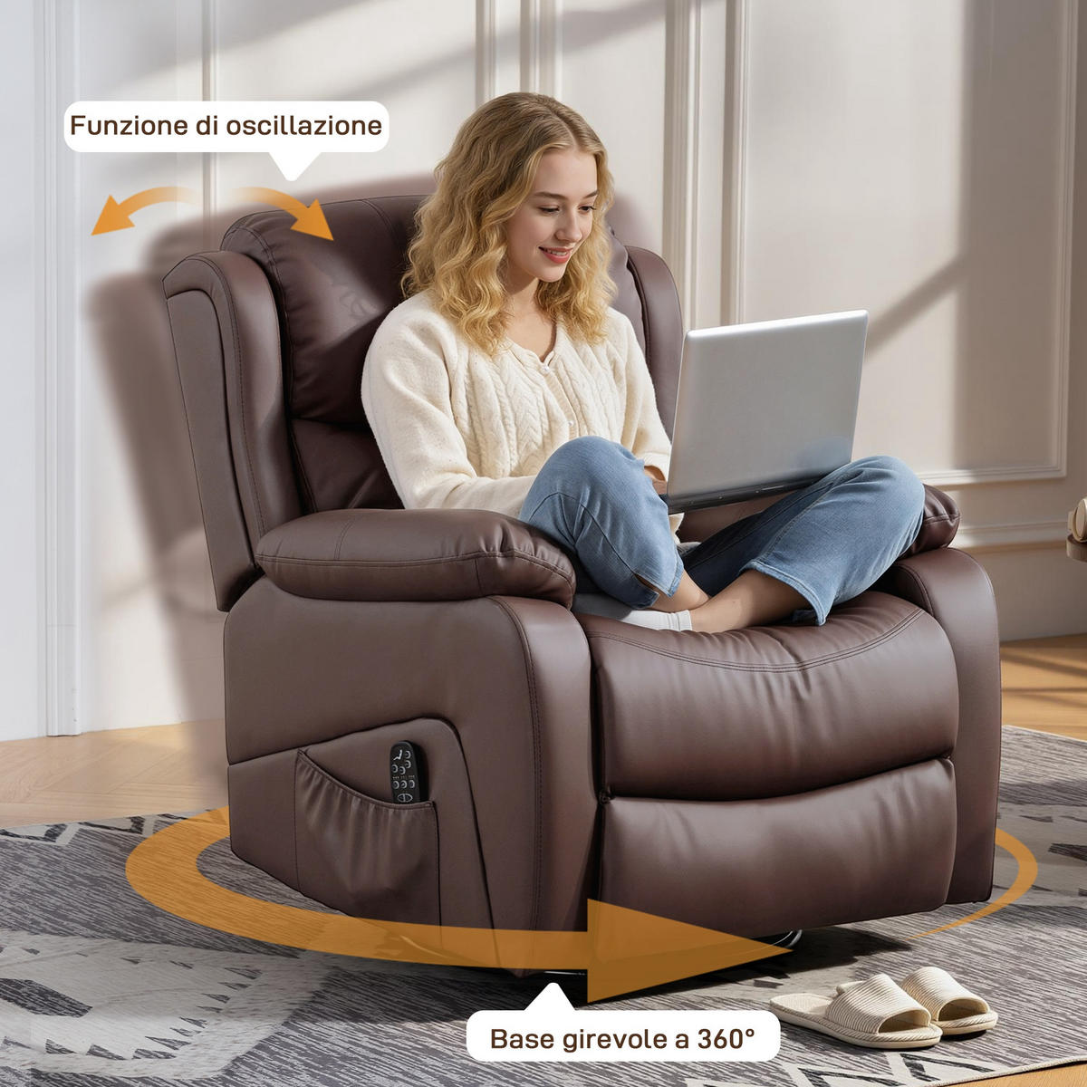 MASSAGESESSEL,8 Massagepunkte Heizung Fußstütze,braun - Braun, Leder (85/100/97cm) - Vallsero