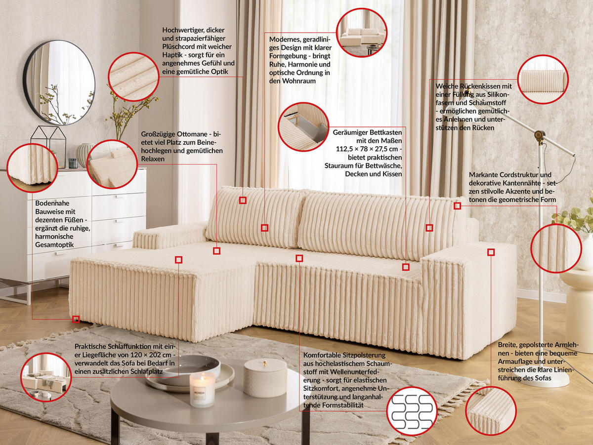 ECKSOFA Rivio mit Schlaffunktion und Bettkasten, Plüschcord Helbeige - Beige/Schwarz, Holz/Kunststoff (149/262cm) - S-Style