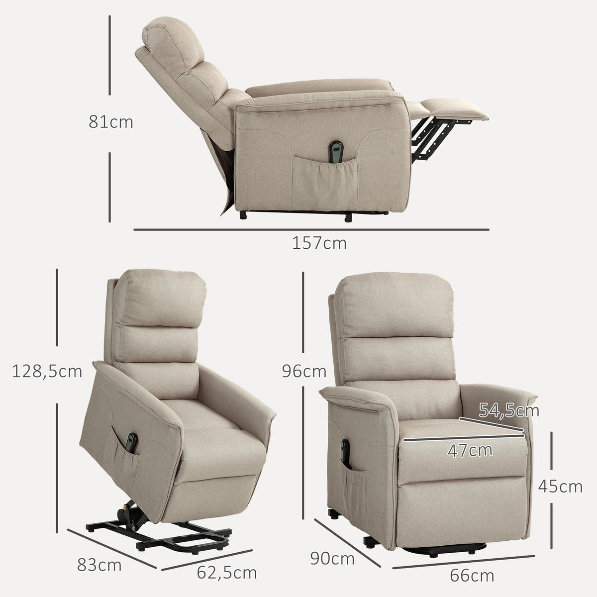 FERNSEHSESSEL mit Aufstehhilfe Elektrisch, Relaxsessel mit Liegefunktion Beige - Beige/Schwarz, Textil/Metall (90/96/66cm) - HOMCOM