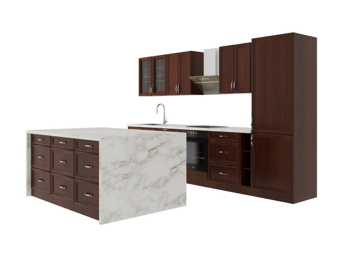 KÜCHENZEILE Mit Insel 340 cm - Sycylia K29-M340 - in Milano Walnuss - Braun, Holz/Metall (340/212/60cm)