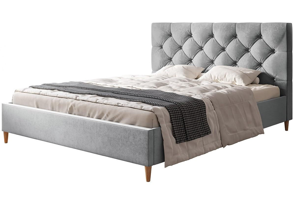 POLSTERBETT LUX Boston mit Kopfteil, 180 x 200 cm, Doppelbett mit Lattenrost aus Holz, Velourstoff Hellgrau, Füße in Farbe: Braun - Hellgrau, Holz/Textil (180/200cm) - Alpi-Möbel