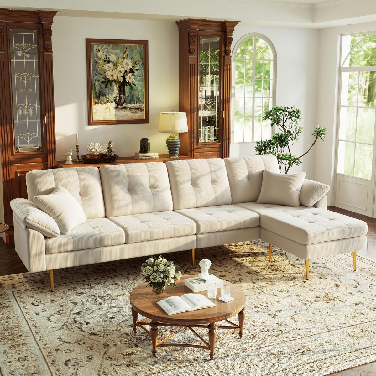 ECKSOFA 4-Sitzer Cord mit flexiblem Hocker, DE-42943, Cremeweiß - Creme, Metall (250/70cm) - ComfortXL