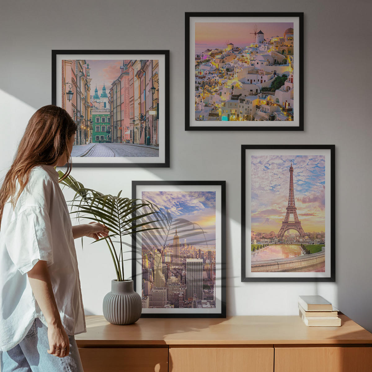 WANDBILDER 4er-Set - 50x50 cm & 40x60 cm Schwarzer Rahmen - New York Paris Oia Warschau Dämmerung - Schwarz, Kunststoff (50/50cm) - ArtPrintCave