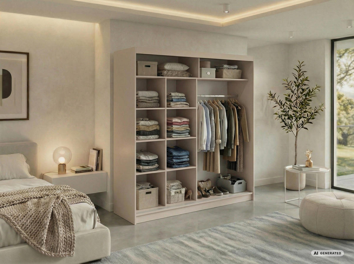 SCHWEBETÜRENSCHRANK 200 - SKORIA - Kaschmir mit Spiegel - Kaschmir/Alufarben, Holzwerkstoff/Metall (200/216/61cm) - MKS
