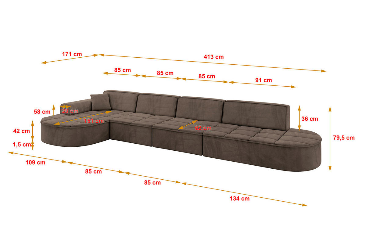 ECKSOFA Ottomane Links TARO-L3 - 413x171x79,5 cm Braun - Braun, Holzwerkstoff/Textil (413/171cm) - ALTDECOR
