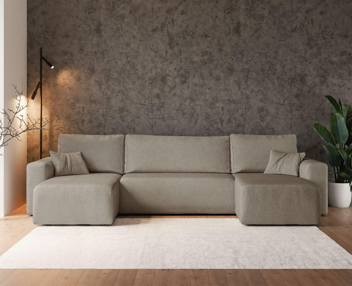 WOHNLANDSCHAFT Pianoni Hellbraun Bouclé-Bezug - Hellbraun/Schwarz, Kunststoff/Textil (312/83/140cm) - Selsey