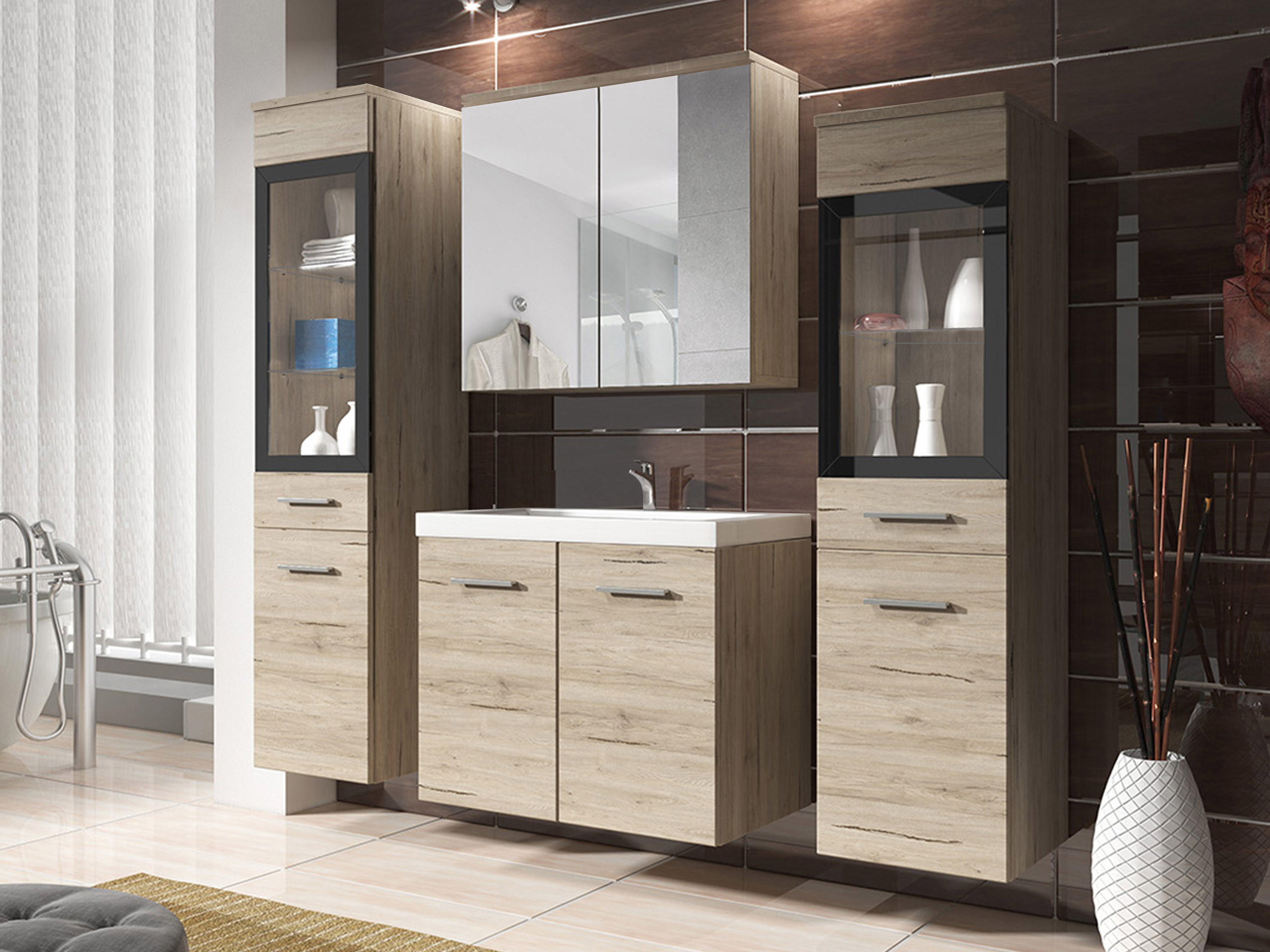 BADMÖBEL-SET Madrit II - Silberfarben/Naturfarben, Holzwerkstoff/Kunststoff (132/132/30cm) - MIRJAN24