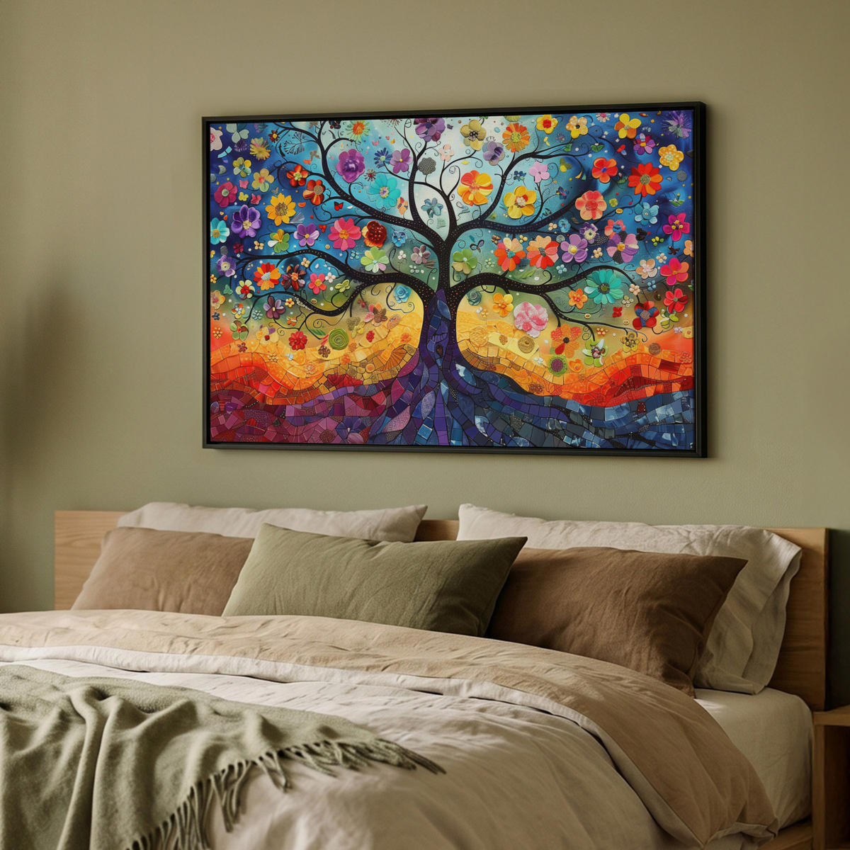 LEINWAND Bilder mit Rahmen - Kunst - Baum des Lebens - Blumen - Hippie - 90x60 - Dunkelblau, Textil (90/60cm) - MuchoWow
