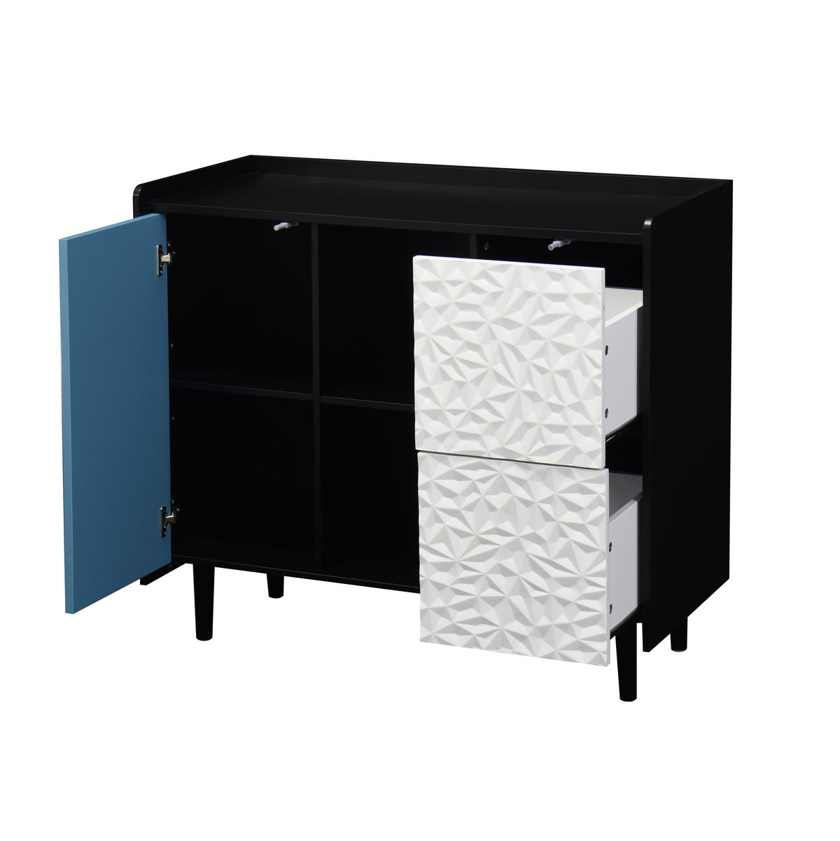 SIDEBOARD aus MDF 40x90x80 cm Schwarz/Blau mit 2 Schubladen, offenem Stauraum und Schrankfach - Schwarz, Holzwerkstoff (90/80/40cm) - Modfu