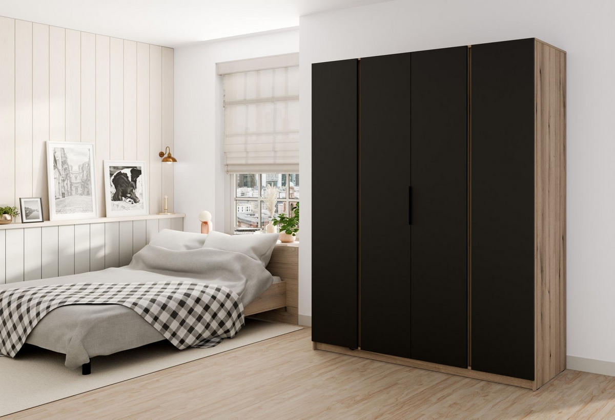 KLEIDERSCHRANK Kaja Schwarz/Eiche Evoke 200 cm - Schwarz, Holzwerkstoff/Metall (200/239/61.9cm) - Selsey