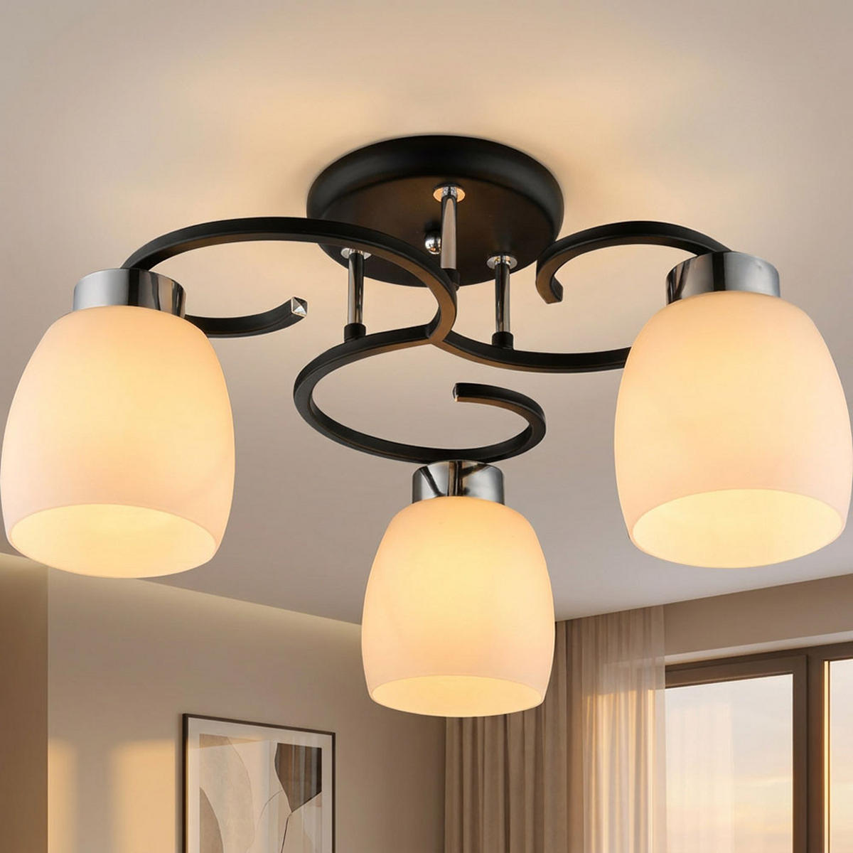 DECKENLEUCHTE Metall Schwarz Glas Opal Weiß - Schwarz, Glas (48/48/25cm) - Globo Lighting