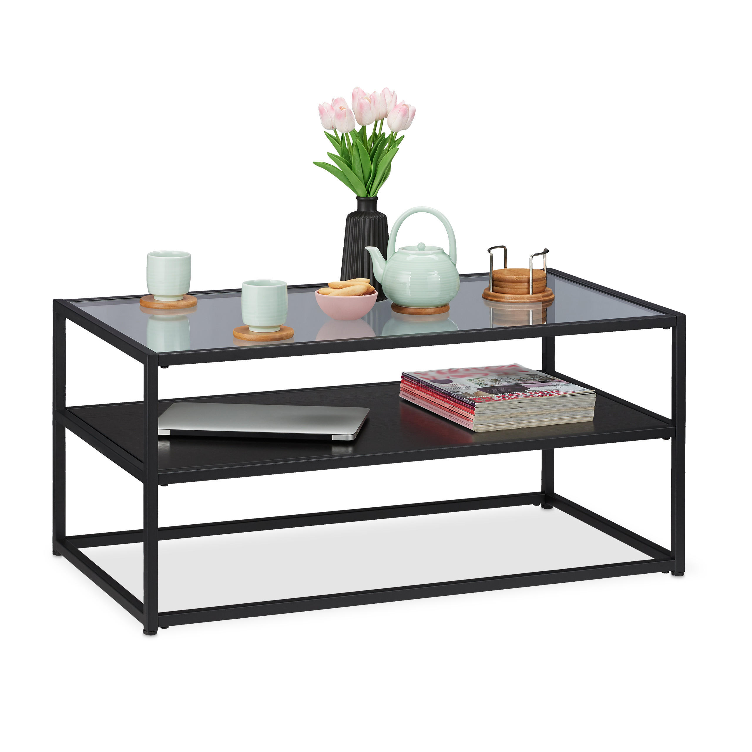 COUCHTISCH - Schwarz, Glas/Holzwerkstoff (50/90/42cm) - Relaxdays