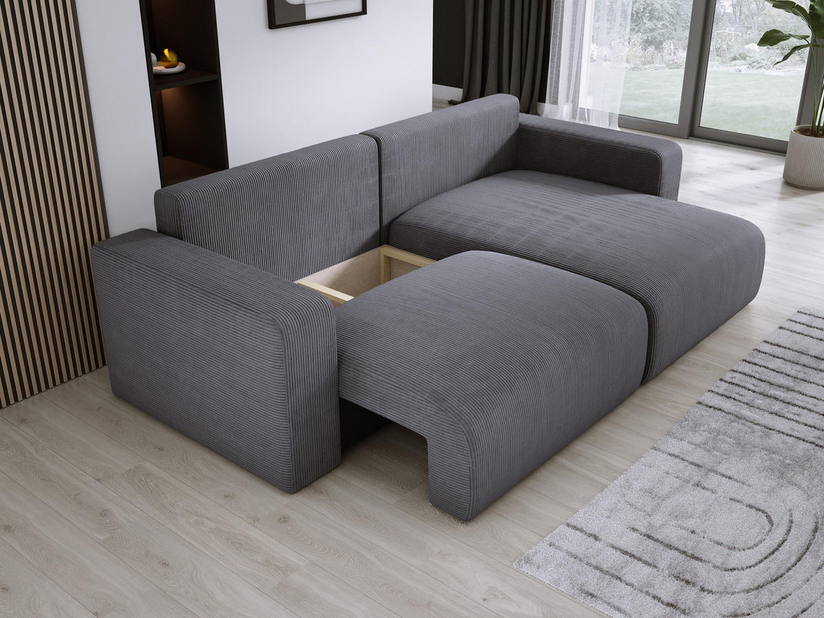 ECKSOFA Carl L-förmig Schlaffunktion und Bettkasten weicher Cordstoff flexibel stellbar lose Rückenkissen freistehend RECHTS 247x143x83cm Grey - Grau, Holz/Textil (247/143cm) - DomoHome
