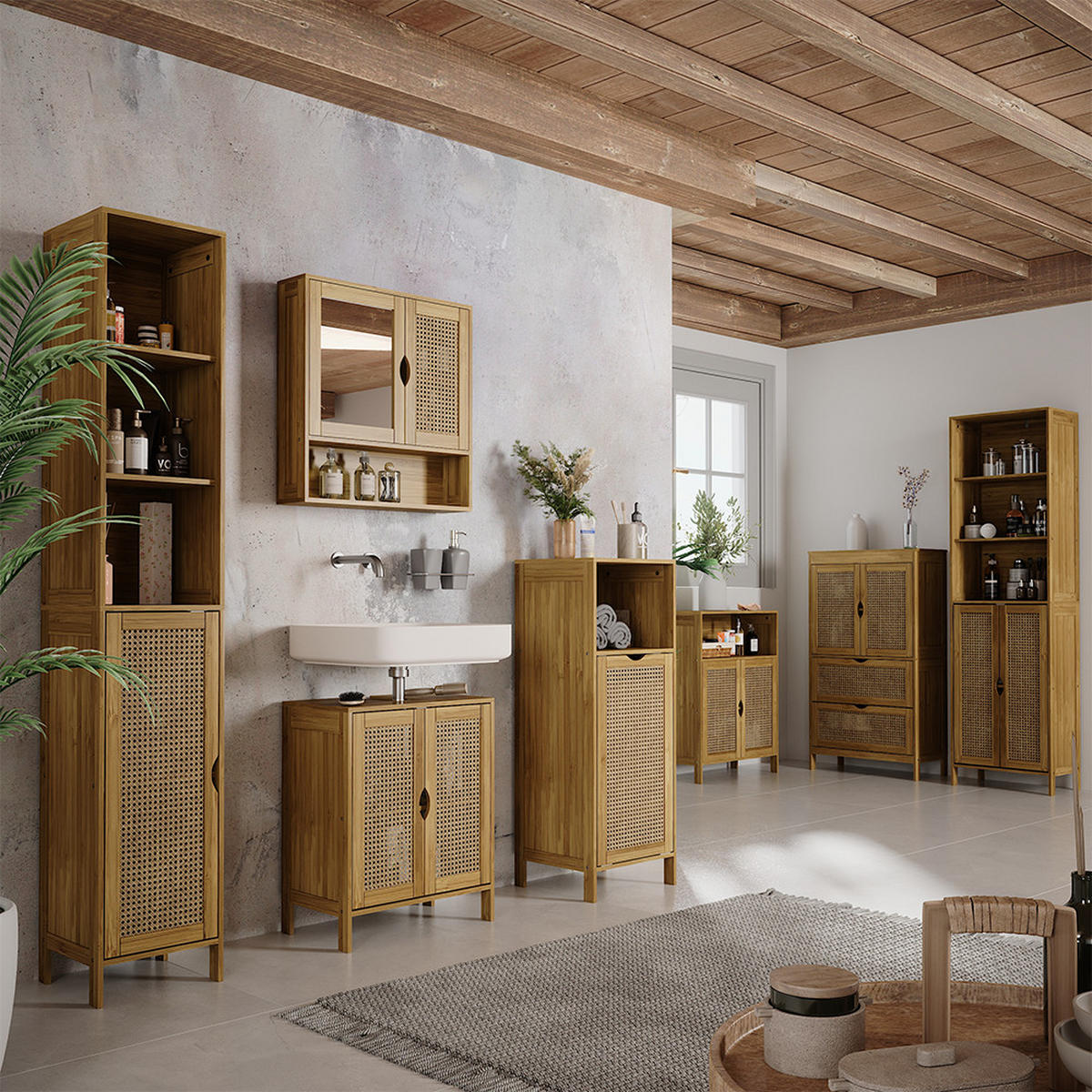 HOCHSCHRANK Liora Bambus 48 x 170 cm mit 2 Türen - Grün, Holzwerkstoff (48/170/29cm) - Vicco
