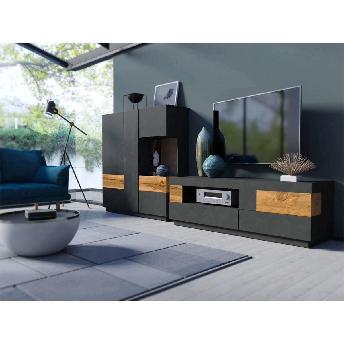 VITRINA Andrea Antracitno siva in les - siva, leseni material (130/139/40cm) - Petits-meubles