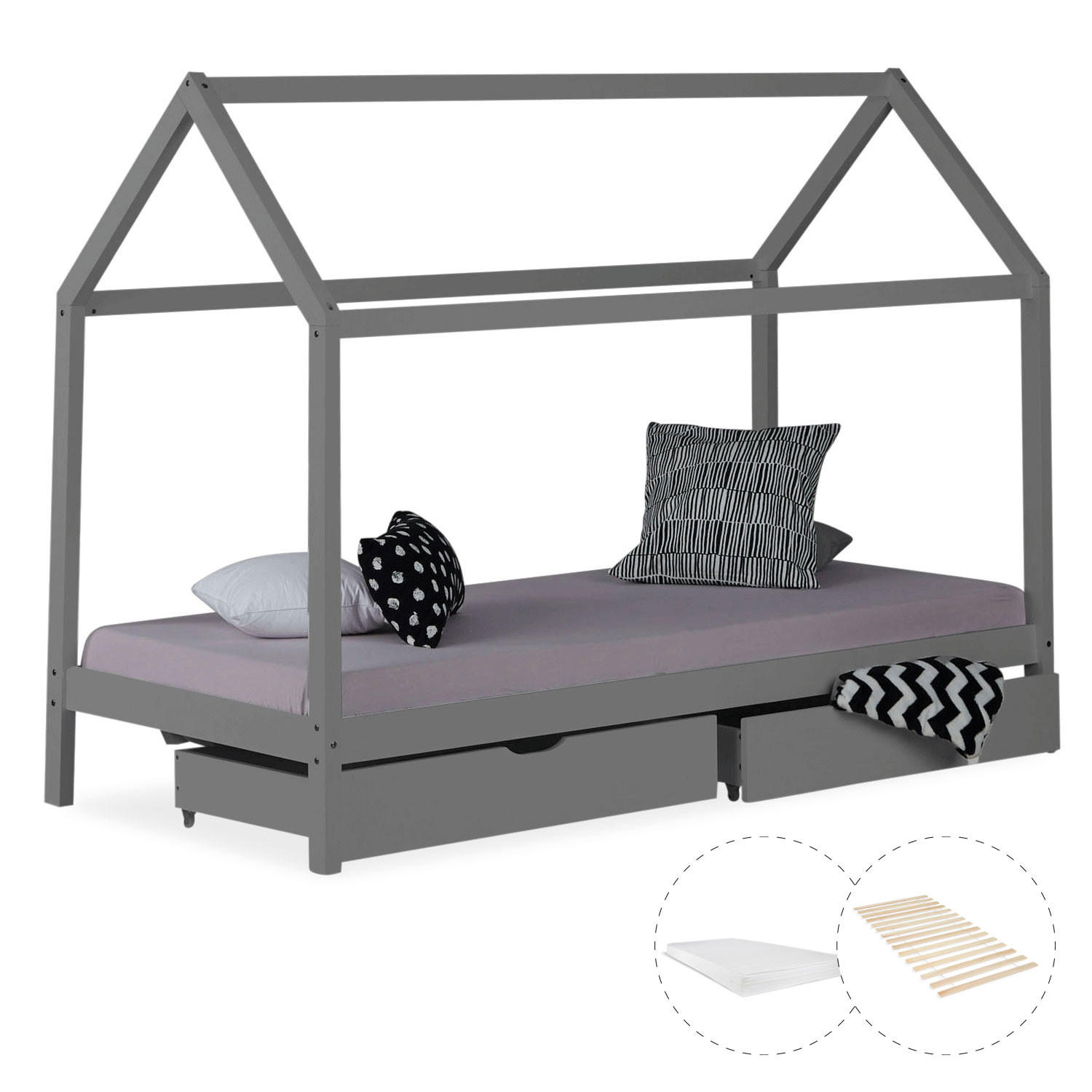 HAUSBETT mit Matratze mit Stauraum 90/200 cm Grau - Grau, Holz (206/160/98cm) - Homestyle4u