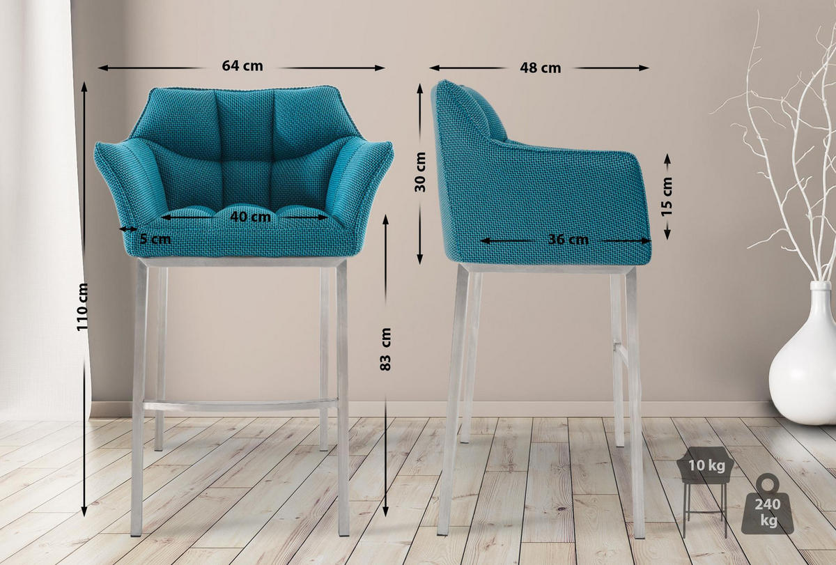 BARHOCKER Gibel Stoff Türkis Silber - Türkis, Textil (64/110/48cm) - DELUKE