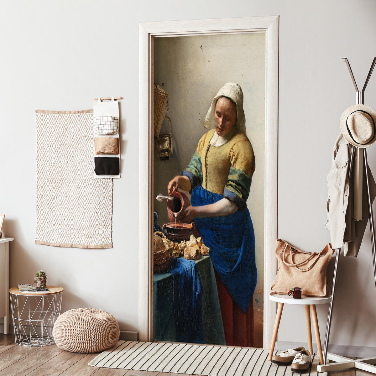 TÜRAUFKLEBER Das Milchmädchen - Johannes Vermeer Deko Wohnzimmer 95x235 cm - Türtapete - Dunkelblau, Kunststoff (95/0.1cm) - MuchoWow